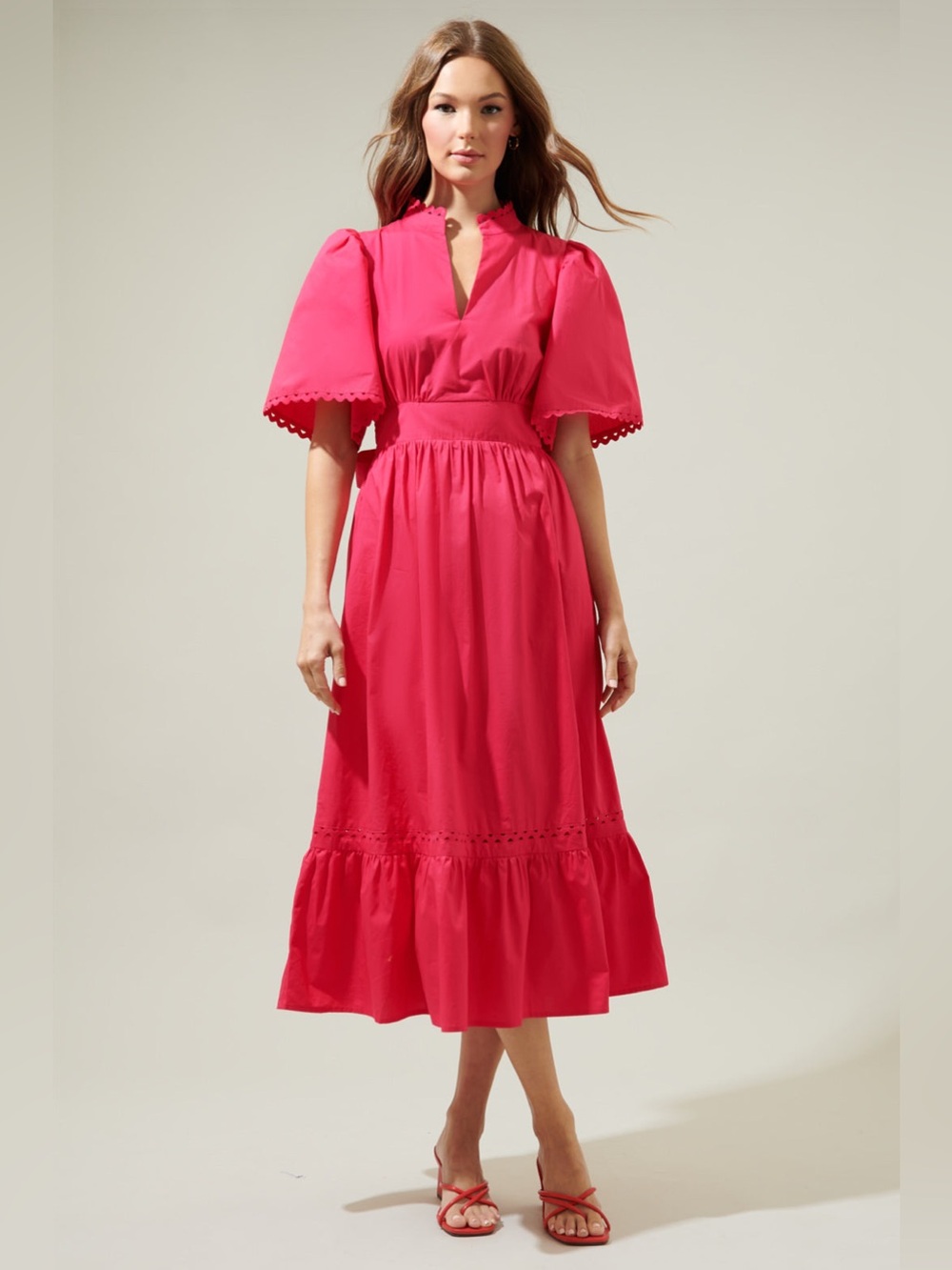 Sugarlips Vibrant Pink Eyelet-Trim Midi Dress Camden Poplin Midi Dress